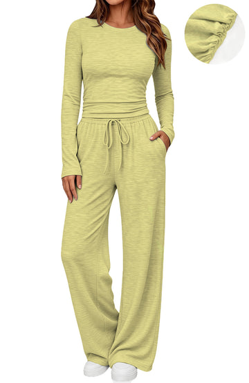 UVN Winter Womens 2 Piece Outfit Sets Ruched Long Sleeve Top and Wide Leg Pants Casual Loungewear Ladies Workout Sets