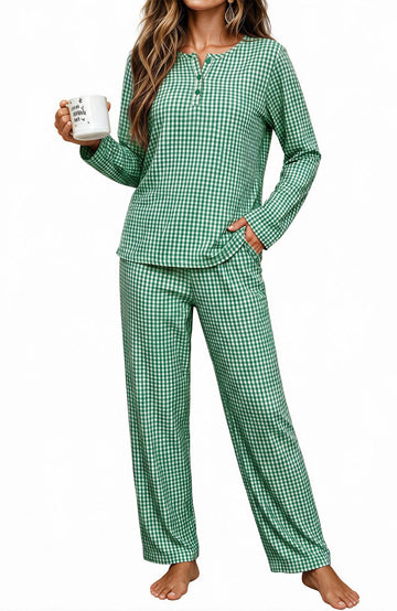 UVN Fall Cotton Two Piece Pajamas for Women Plaid Henley Collar Long Sleeve Top and Wide Leg Pant Ladies Sleepwear Casual Lounge Sets