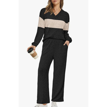 UVN Outfit Sets for Women Two Piece Sets Winter Casual Long Sleeve Tops and Long Pants Lounge Sets Ribbed Knit Pajama Sets with Pockets