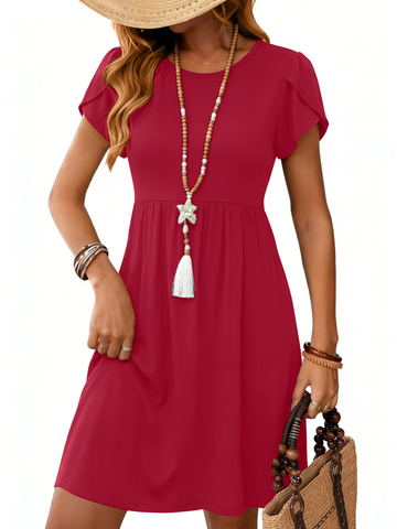 UVN Womens Summer Dresses Short Petal Sleeve Crew Neck Midi Sundress for Women A-Line Flowy Dress with Pocket