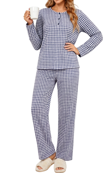 UVN Fall Pajamas for Women Plaid Henley Collar Long Sleeve Top and Wide Leg Pant Ladies Gingham Sleepwear with Pockets