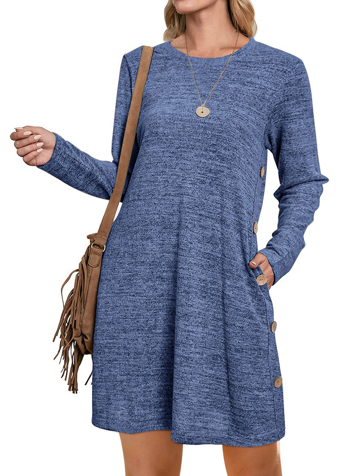 UVN Fall Dresses for Women Long Sleeve Casual Winter Dress with Pockets Buttons Side Tunic Dress