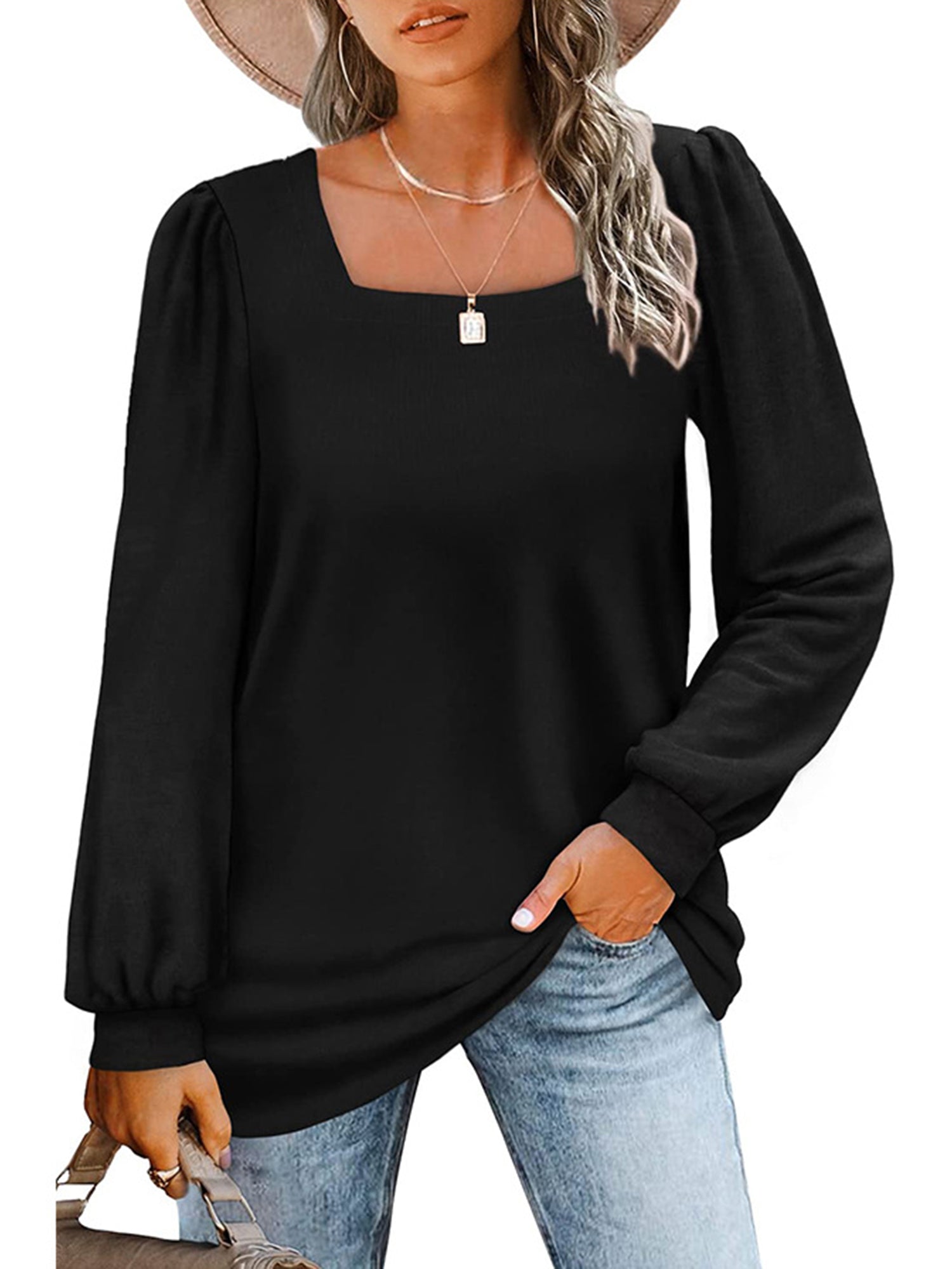 UVN Square Neck Sweatshirts for Women Long Sleeve Shirt Fall Tunic Tops