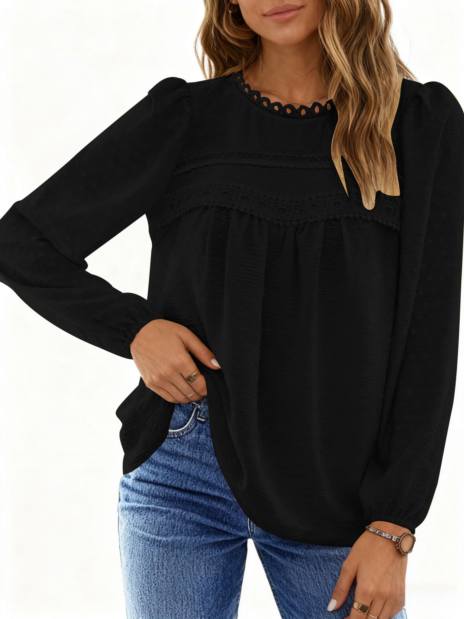 UVN Fall Shirts for Women Long Sleeve Blouses Ladies Crewneck Lace Crochet Tops Dressy Chiffon Blouses