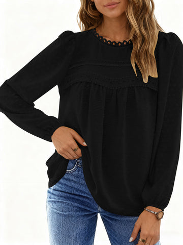 UVN Fall Shirts for Women Long Sleeve Blouses Ladies Crewneck Lace Crochet Tops Dressy Chiffon Blouses