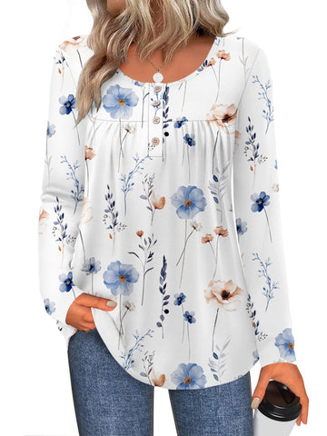 UVN Womens Blouses Long Sleeve Crew Neck Shirts Button Up Pleated Dressy Casual Tunic Tops