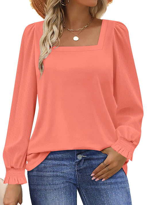 UVN Square Neck Tops for Women Summer Puff Short Sleeve Shirts Dressy Casual Tunic Blouses