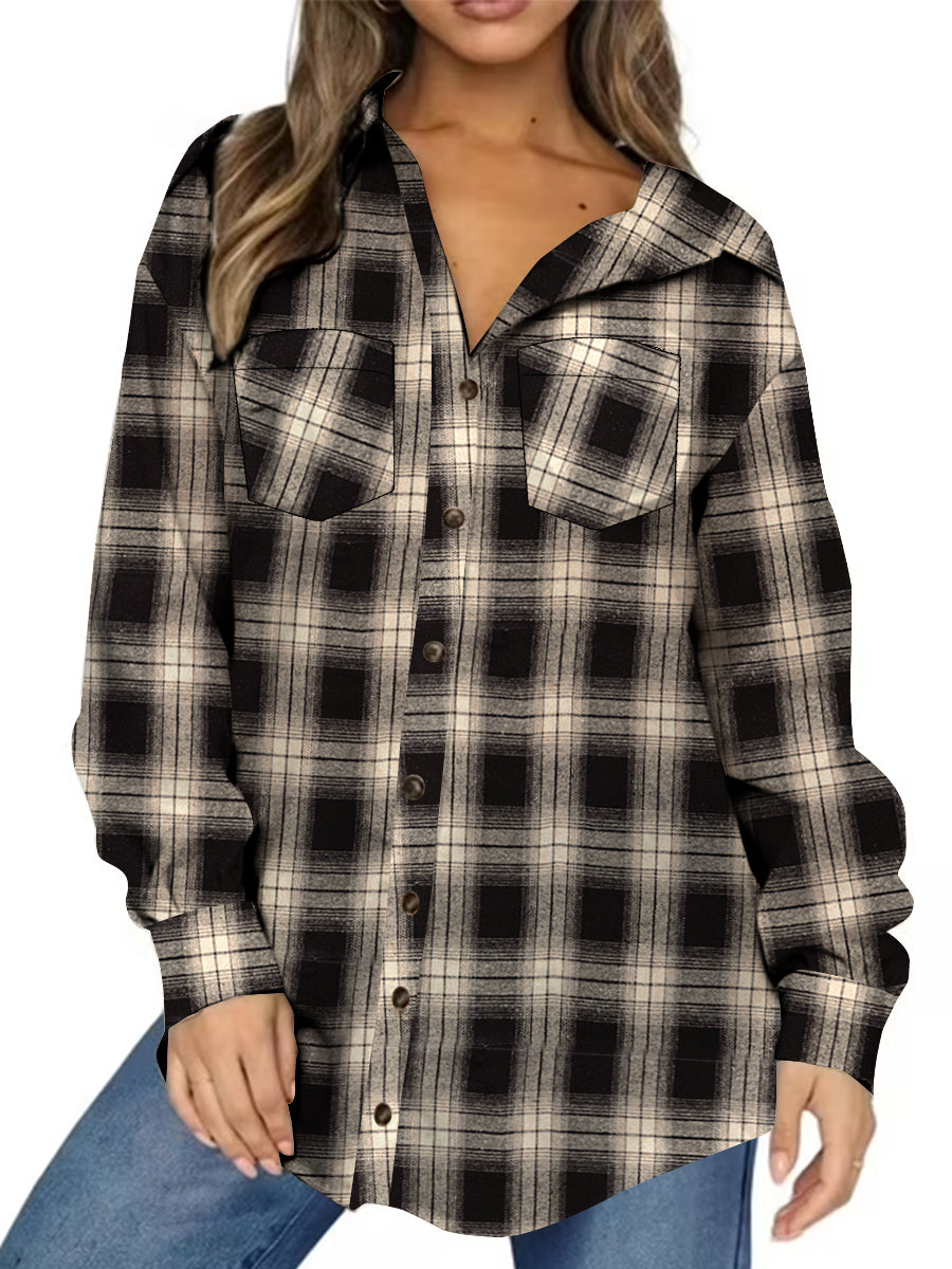 UVN Plaid Shirt for Women Oversized Flannel Long Sleeve Shirts Casual Button Down Blouse Tops with Pockets