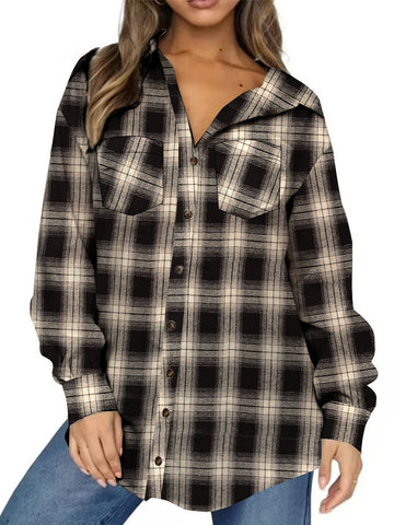 UVN Plaid Shirt for Women Oversized Flannel Long Sleeve Shirts Casual Button Down Blouse Tops with Pockets