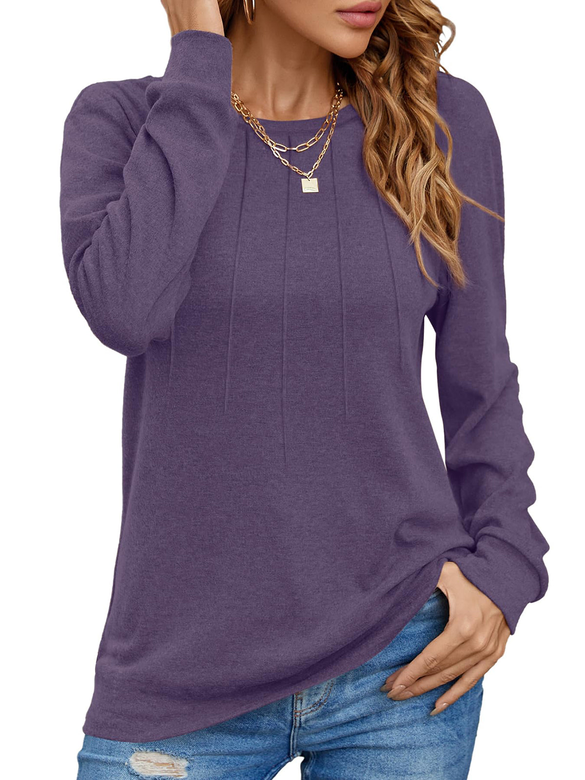 UVN Pleated Womens Blouses Crewneck Long Sleeve Shirts Casual Dressy Tunic Tops