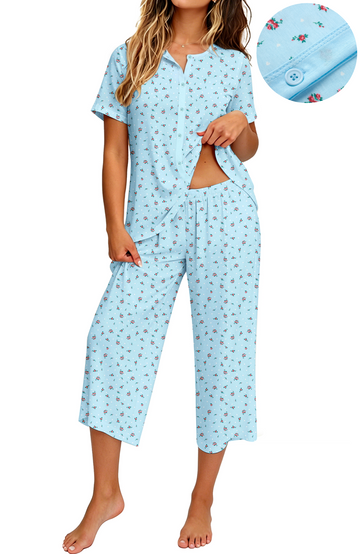UVN Womens Pajama Sets Short Sleeve Button Down Tops and Capri Pants 2 Piece Outfit Soft Pjs Sleepwear Loungewear with Pockets