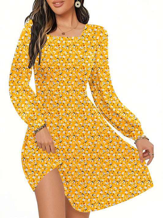 UVN Dresses for Women Fall Long Sleeve Square Neck Dress Boho Floral Print Midi Dresses with Pockets
