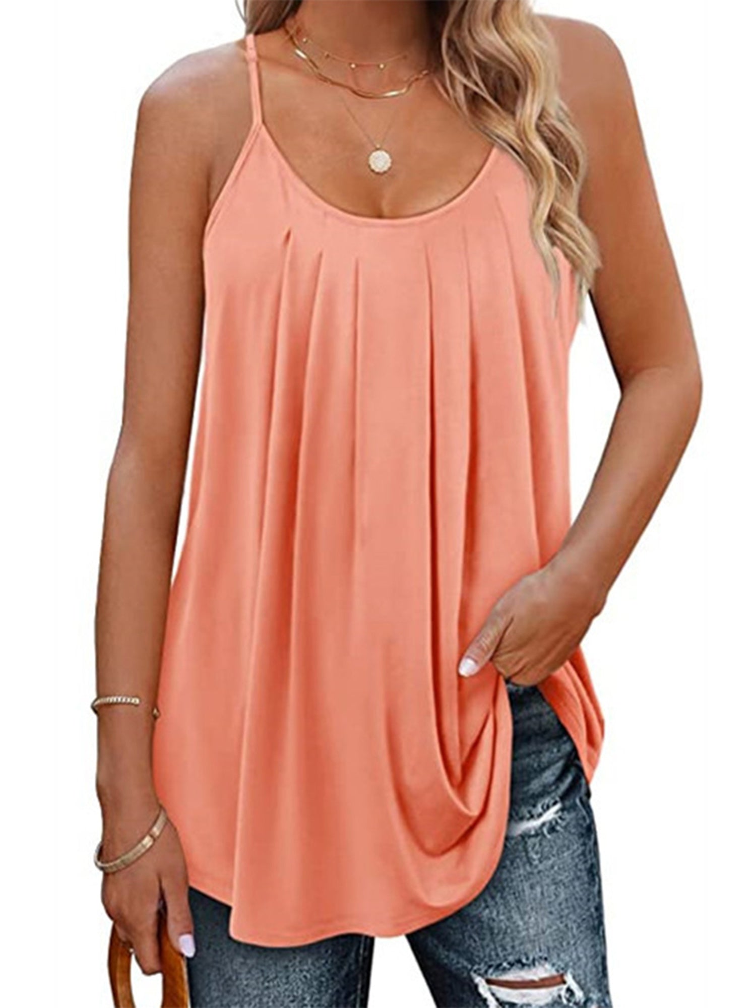 UVN Tank Tops for Women Pleat Spaghetti Strap Cami Sleeveless Summer Tops Loose Fit Beach Tank