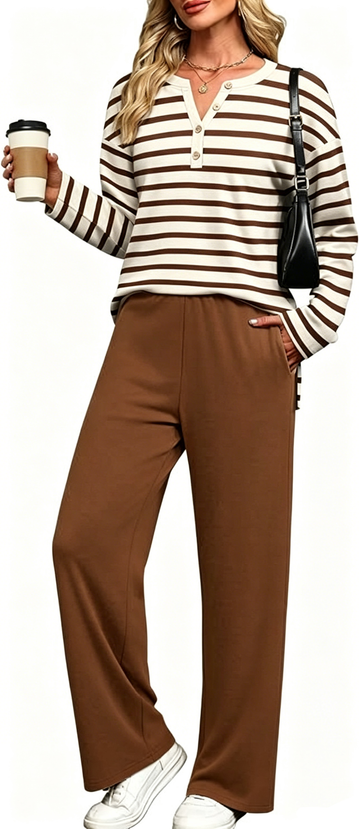 UVN Two Piece Outfits Sets for Women Casual Color Block Striped Sweatsuits Long Sleeve V Neck Button Henley Shirts Wide Leg Pants Tracksuits Travel Lounge Matching Sets with Pockets
