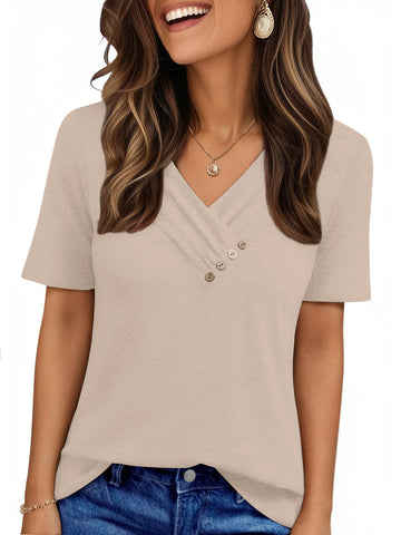 UVN Blouses for Women Summer Short Sleeve V Neck Button Shirts Dressy Casual Business Tunic Tops