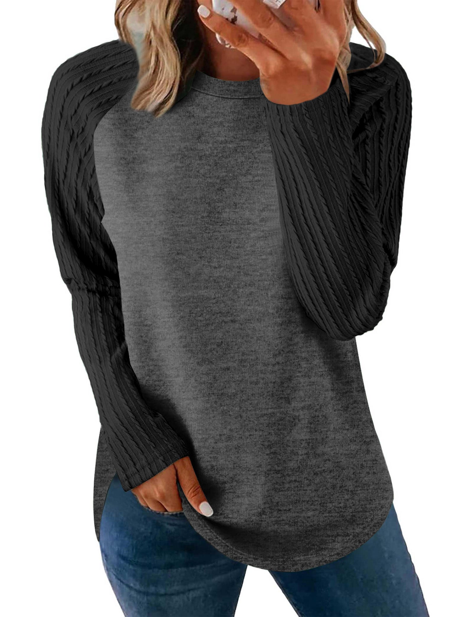 UVN Womens Sweatshirt Long Sleeve Shirts Crew Neck Fall Textured Curved Hem Tunic Tops