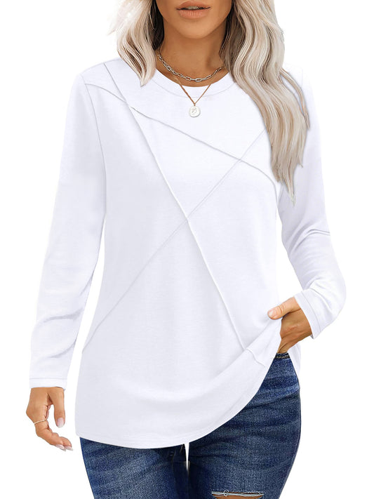 UVN Blouses for Women Pleated Long Sleeve Shirts Casual Crew Neck Tunic Tops