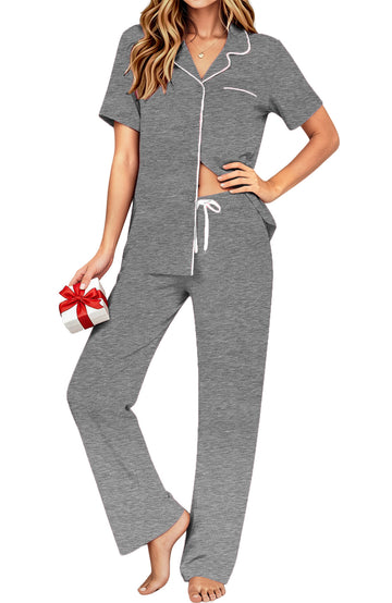 UVN Fall 2 Piece Pajamas for Women Short Sleeve Top and Long Pant Casual Button up Sleepwear Ladies Matching Set