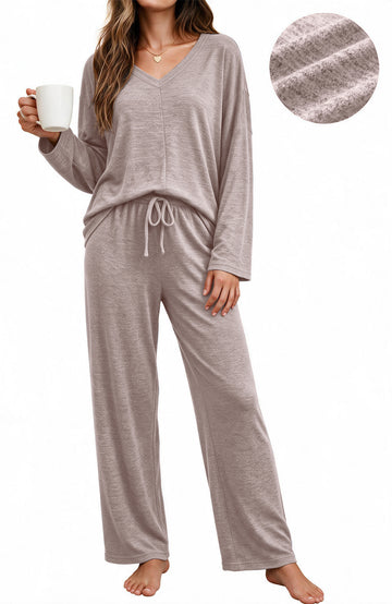 UVN Fall Womens Pajama Set 2 Piece Long Sleeve V Neck Top and Wide Leg Pant Ladies Soft Matching Lounge Set with Pockets