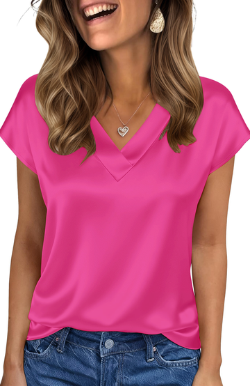 UVN Women Tops Summer Cap Short Sleeve Blouses Ladies V Neck Silk Satin Business Casual Shirts