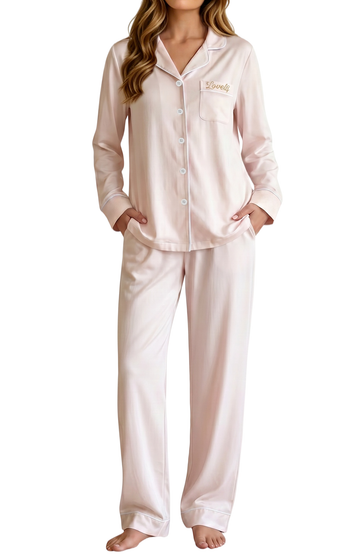 UVN Pajama for Women Embroidered Button Up Sleepwear with Drawstring Pocket Pants Ladies Casual Lounge Set
