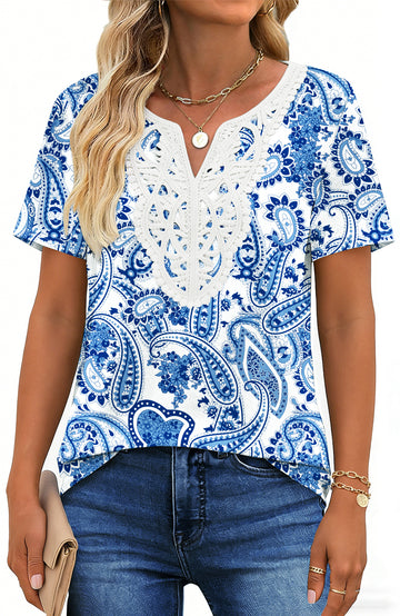 UVN Blouses for Women Summer Short Sleeve V Neck Lace Shirts Dressy Casual Boho Tunic Tops