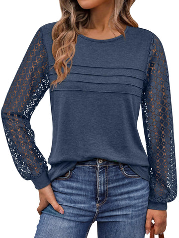 UVN Blouses for Women Dressy Lace Pleated Tunic Tops Casual Long Sleeve Fall Shirts