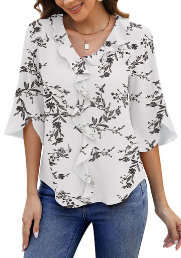 UVN Chiffon Blouses for Women Dressy Ruffle V Neck Tops Summer Casual 3/4 Sleeve Shirts