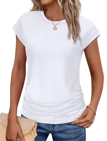 UVN Womens Blouses Summer Crew Neck Vacation Shirt for Women Cap Sleeve Dressy Casual Pleated Tops