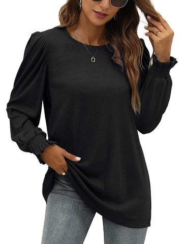 UVN Long Sleeve Shirts for Women Blouse Casual Puff Sleeve Crewneck Fall Shirt Tunic Tops