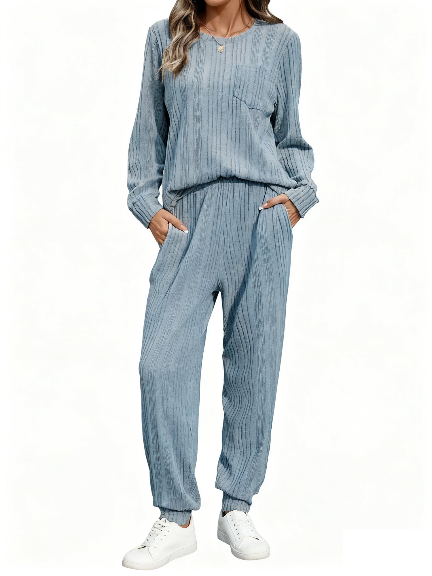 UVN Two Piece Sets for Women Casual Outfits Sets Textured Long Sleeve Shirts and Long Pants Lounge Set Fall Pajama Sets with Pockets