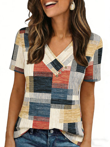 UVN Blouses for Women Summer Short Sleeve V Neck Button Shirts Dressy Casual Business Tunic Tops