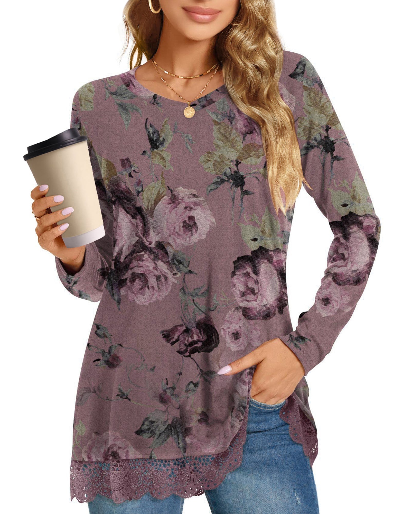 UVN Fall Tops for Women Long Sleeve Lace Trim V Neck Blouses Dressy Casual A Line Tunic Shirts