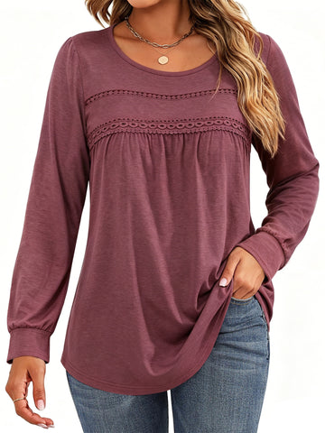 UVN Blouses for Women Long Sleeve Crochet Ladies Lace Shirts Crew Neck Dressy Casual Tops