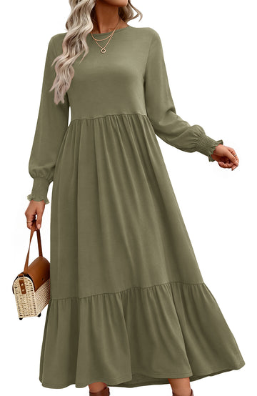 UVN Fall Long Dress for Women Crewneck Casual Long Sleeve Pleated Dresses with Pockets
