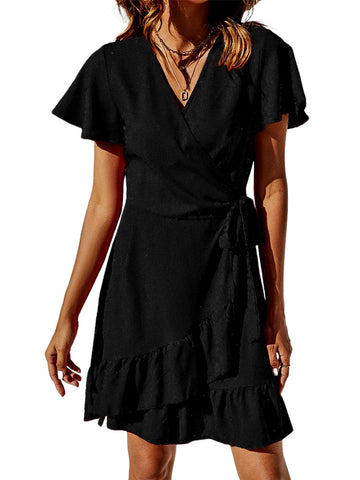 UVN Summer Wrap Dress for Women V Neck Short Sleeve Dress Ladies Boho Floral Dress with Belt