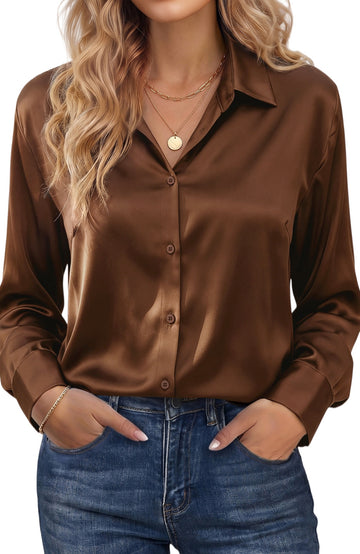 UVN Shirts for Women Long Sleeve Satin Blouses Button Down Ladies Casual Top