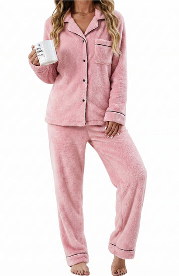 UVN Fuzzy Womens Pajama Winter 2 Piece Button up Loungewear Set for Women Long Sleeve Top and Long Pant Fleece Sleepwear with Pockets