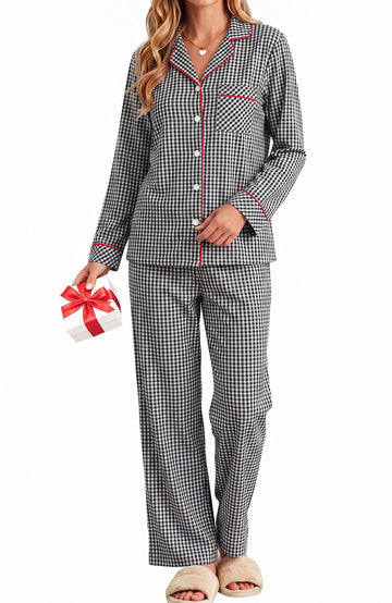 UVN Womens Cotton 2 Piece Pajama Set Fall Gingham Button up Top and Long Pant Casual Ladies Plaid Loungewear