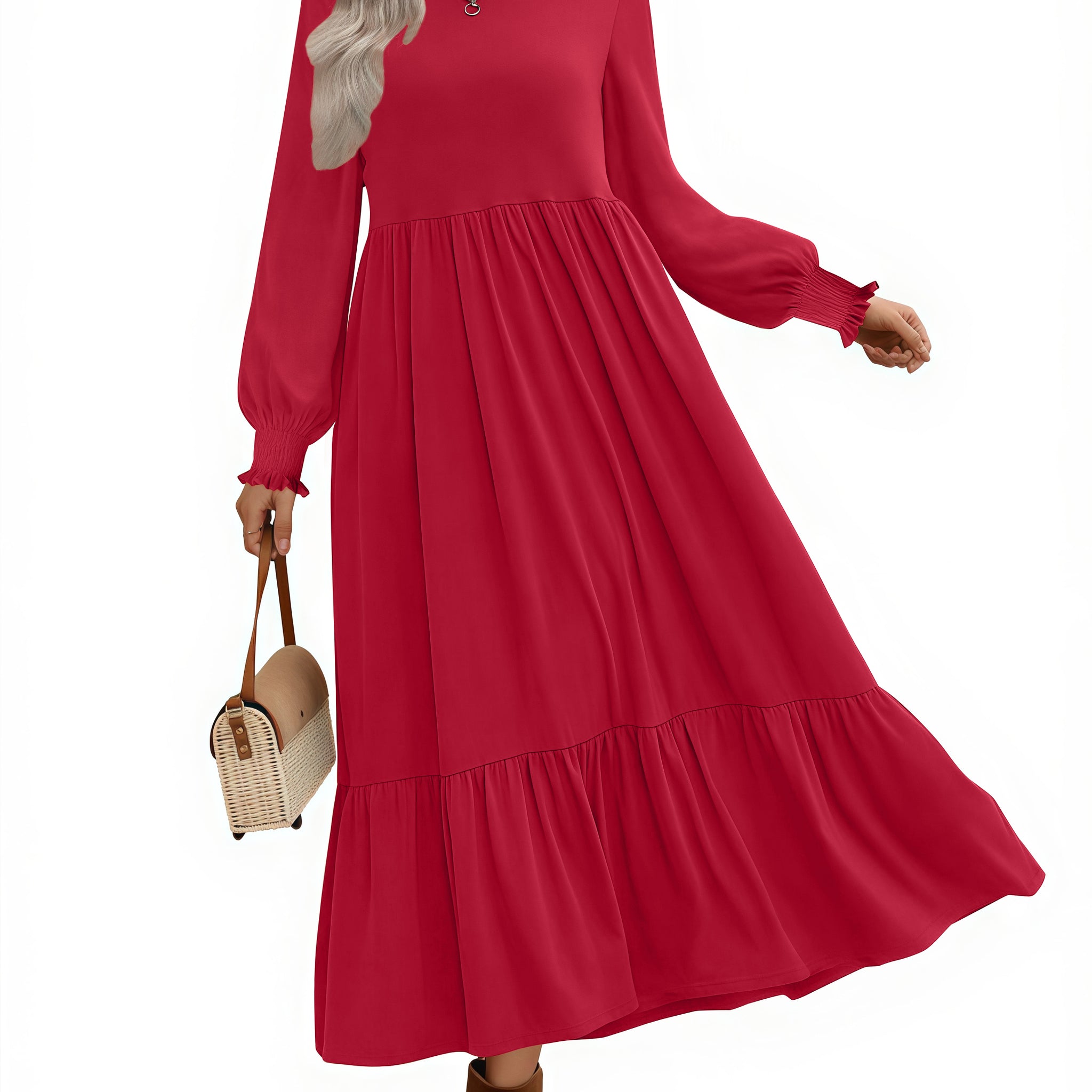 UVN Fall Long Dress for Women Crewneck Casual Long Sleeve Pleated Dresses with Pockets