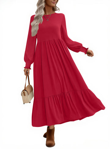 UVN Fall Long Dress for Women Crewneck Casual Long Sleeve Pleated Dresses with Pockets
