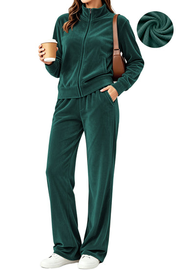 UVN Velour Outfit Set for Women 2 Piece Lounge Sets Casual Full Zip Top and Wide Leg Pants Ladies Fall Tracksuit with Pocket