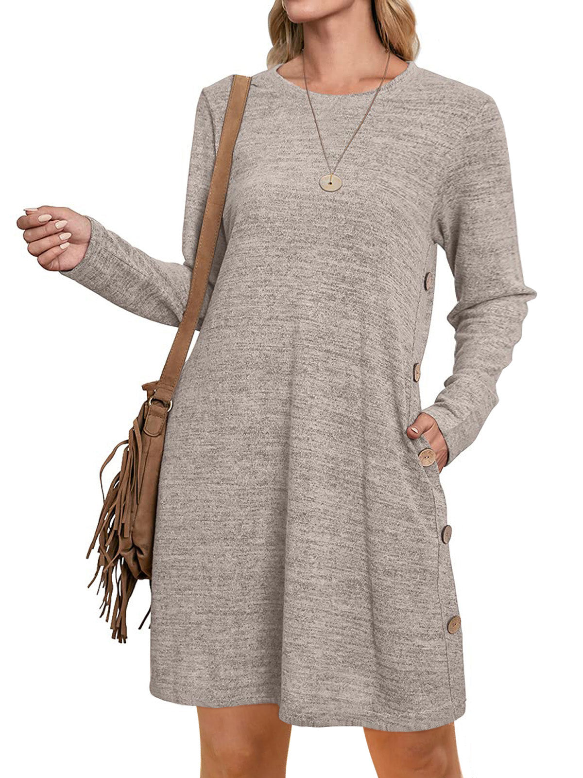 UVN Fall Dresses for Women Long Sleeve Casual Winter Dress with Pockets Buttons Side Tunic Dress