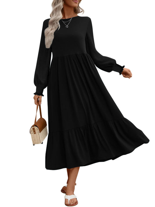 UVN Fall Long Dress for Women Crewneck Casual Long Sleeve Pleated Dresses with Pockets