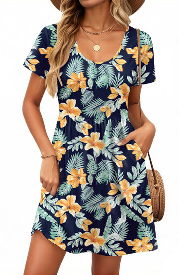 UVN Summer Dresses for Women Boho Floral Print Midi Dresses Casual Short Sleeve U Neck Beach Sundress with Pockets