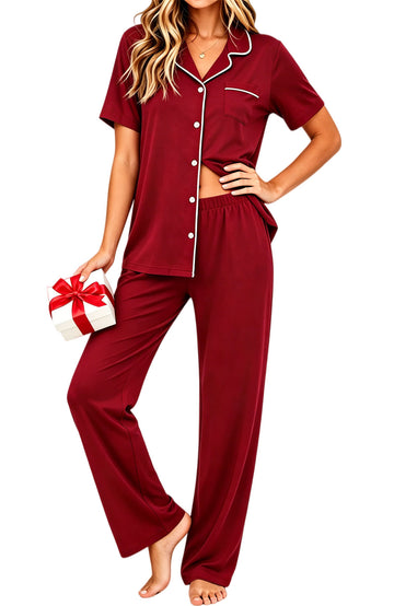UVN Pajamas for Women Notch Collar Short Sleeve Top and Long Pant Ladies Soft Button up Sleepwear with Pockets