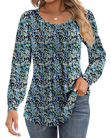 UVN Floral Blouses for Women Pleated Long Sleeve Shirts Casual Crewneck Tunic Tops