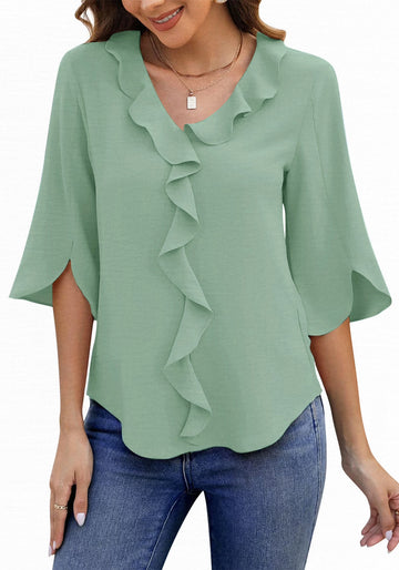 UVN Chiffon Blouses for Women Dressy Ruffle V Neck Tops Summer Casual 3/4 Sleeve Shirts