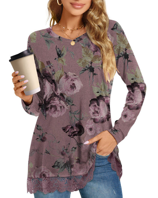 UVN Fall Tops for Women Long Sleeve Lace Trim V Neck Blouses Dressy Casual A Line Tunic Shirts