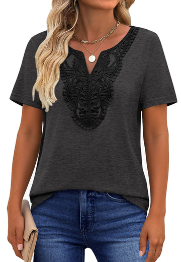 UVN Blouses for Women Summer Short Sleeve V Neck Lace Shirts Dressy Casual Boho Tunic Tops